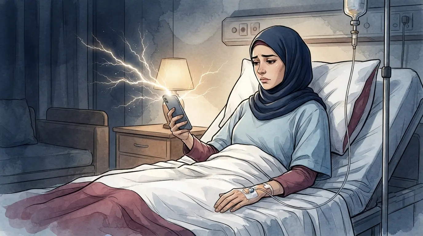 Ilustrasi saat Yuk Feby terbaring di ranjang rumah sakit sambil memegang ponsel berlatar sambaran kilat kecil.