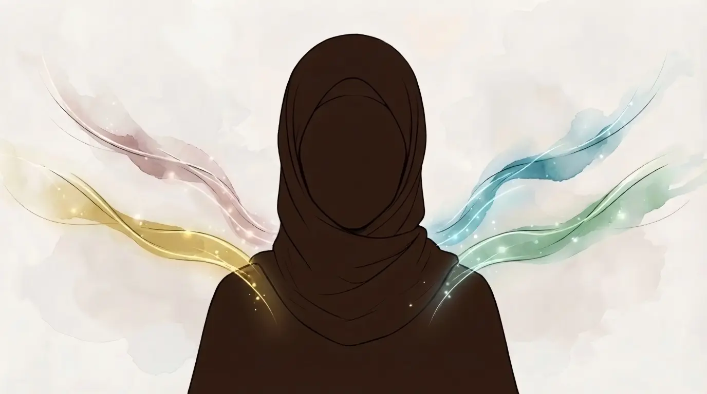 Close-up simetris perempuan berhijab yang dikelilingi sapuan warna air artistik ini menggambarkan empat mode dalam Polah Alam.