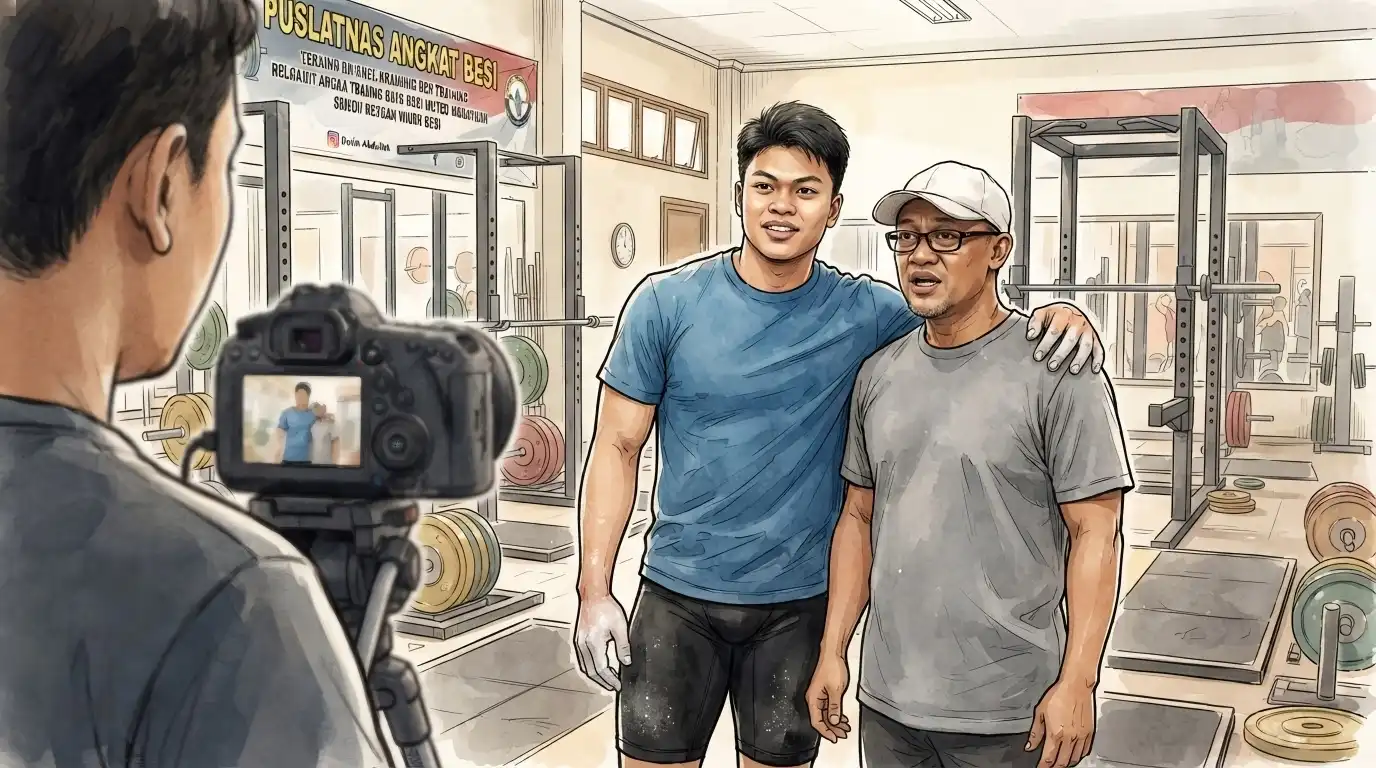 Ilustrasi cat air Rahmat Erwin Abdullah diwawancara ayahnya di gym angkat besi. Keduanya berpose menghadap kamera.