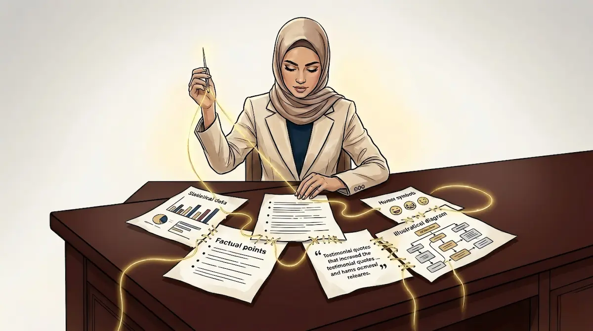 Ilustrasi cara menyusun storytelling public speaking dengan framework PROTON, merangkai data, fakta, dan testimoni menjadi komunikasi efektif.