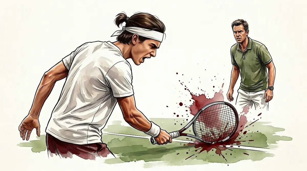 Ilustrasi emosional Proton Excellence: Roger Federer muda membanting raket, teknik watercolor Spektra Arunika yang dramatis.