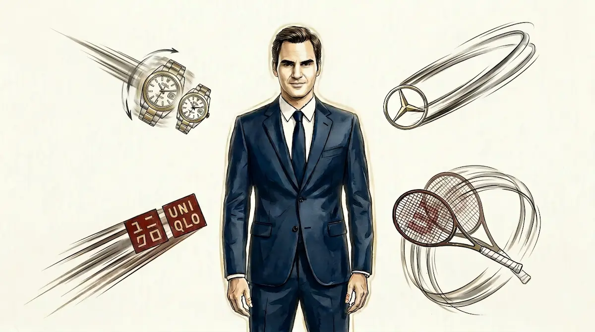 Roger Federer dalam konsep Proton Excellence: Magnetisme kesuksesan yang menarik elemen branding Spektra Arunika secara dinamis.