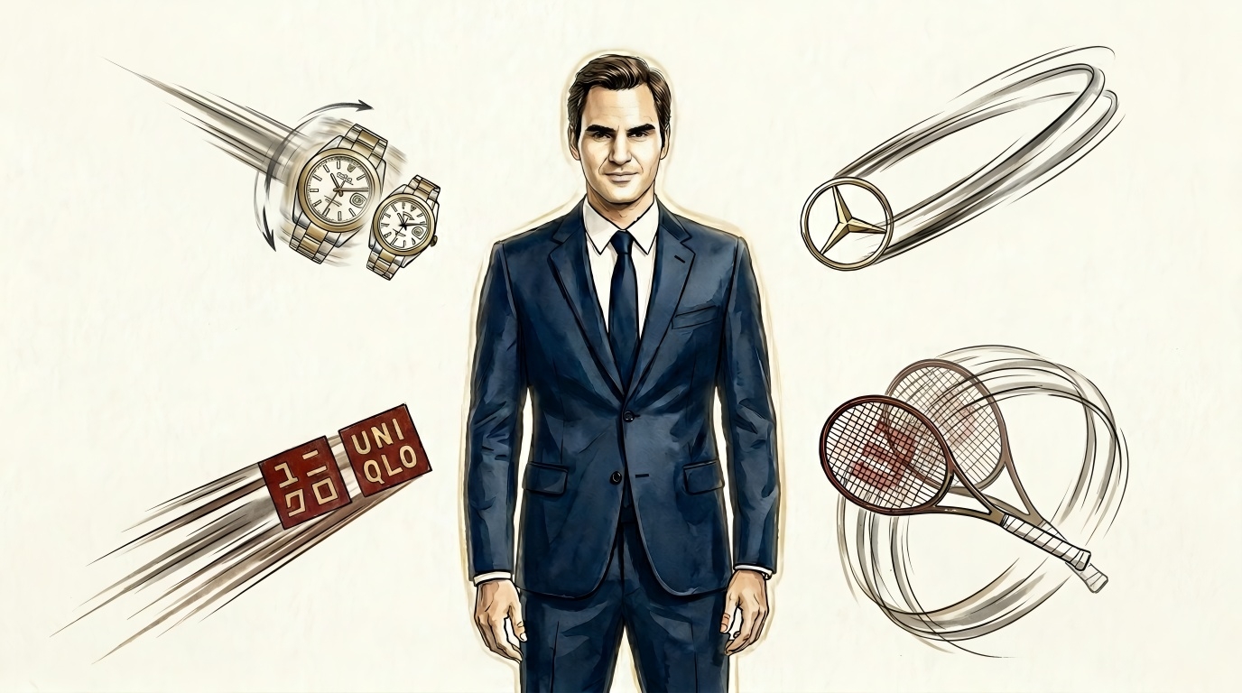 Roger Federer dalam konsep Proton Excellence: Magnetisme kesuksesan yang menarik elemen branding Spektra Arunika secara dinamis.
