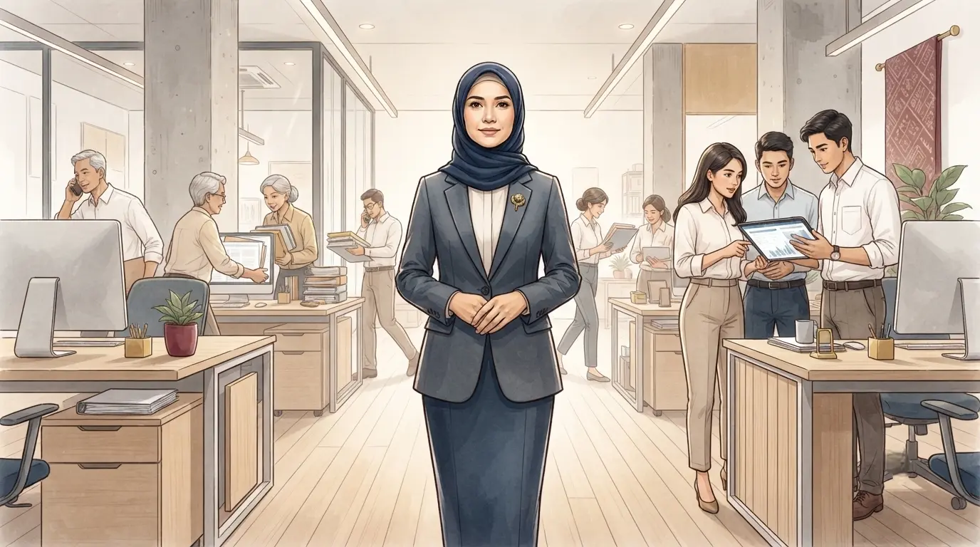 Ilustrasi pemimpin wanita berhijab melakukan grounding sebelum mengambil keputusan di tengah situasi krisis.
