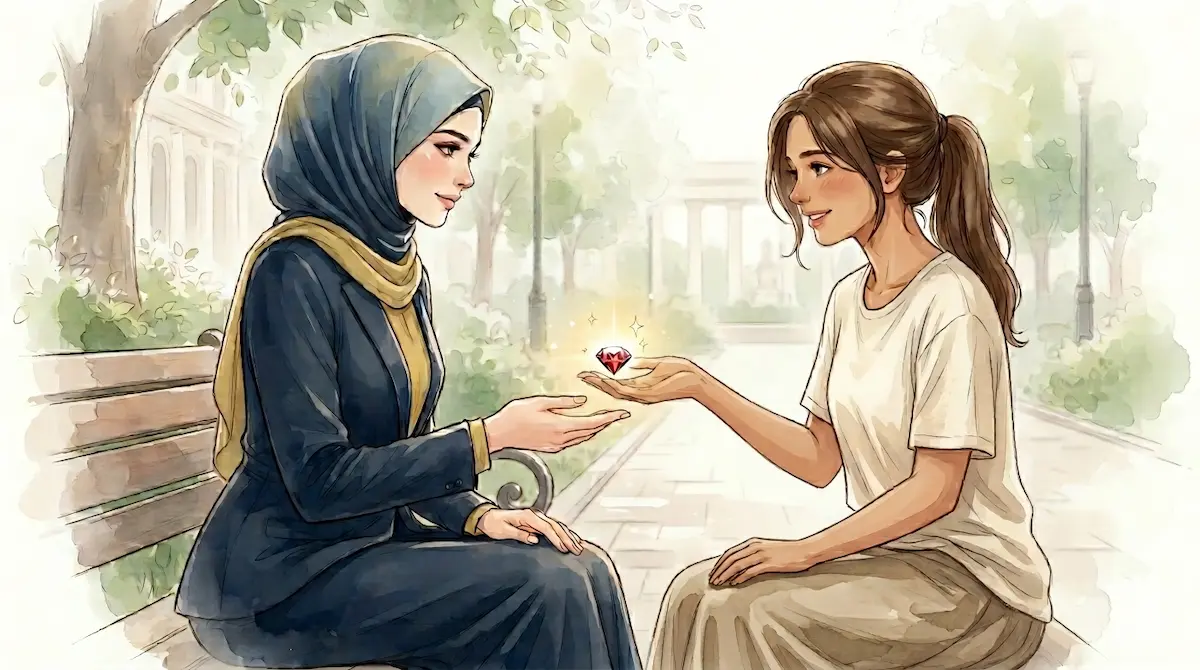Ilustrasi dua wanita sedang duduk di taman kota, wanita berhijab menerima permata hikmah dari wanita sederhana sebagai simbol berbagi inspirasi dan koneksi antar manusia.
