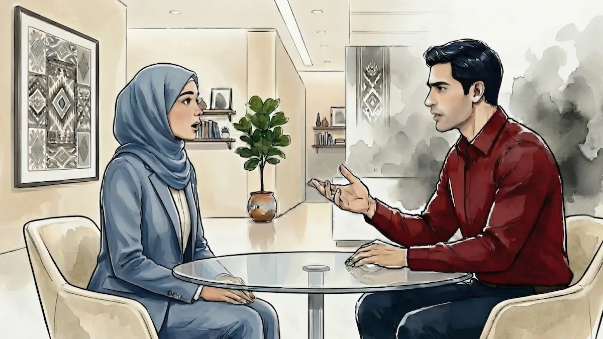Ilustrasi profesional dua rekan kerja berdiskusi di kantor minimalis gaya semi-realistik.