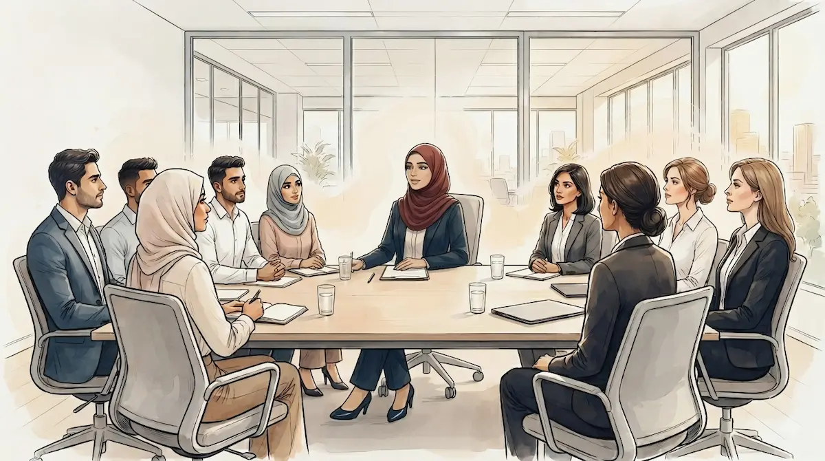 Ilustrasi tim profesional sedang rapat di kantor modern, mendengarkan rekan kerja wanita berhijab yang sedang berbicara dengan tenang.