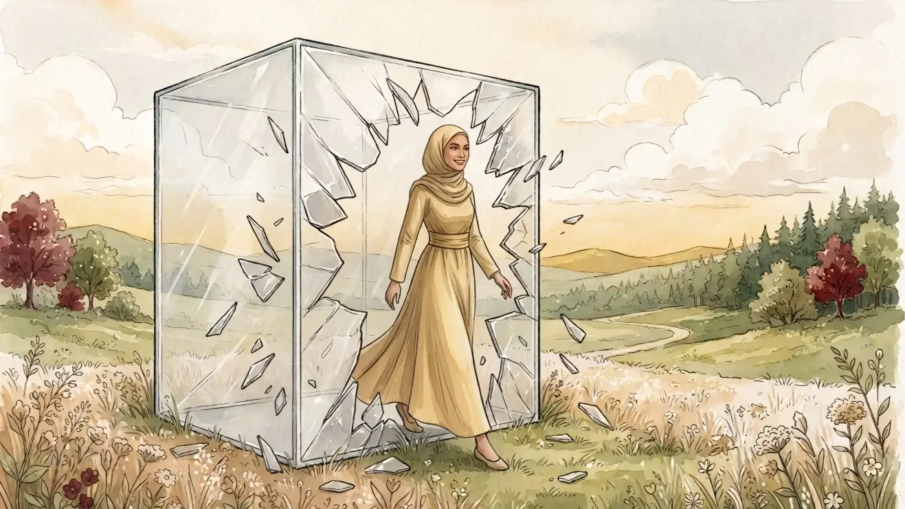 Ilustrasi wanita keluar dari kotak kaca oleh Spektra Arunika. Simbol kebebasan dari batasan diri dan pola pikir lama yang membatasi potensi.