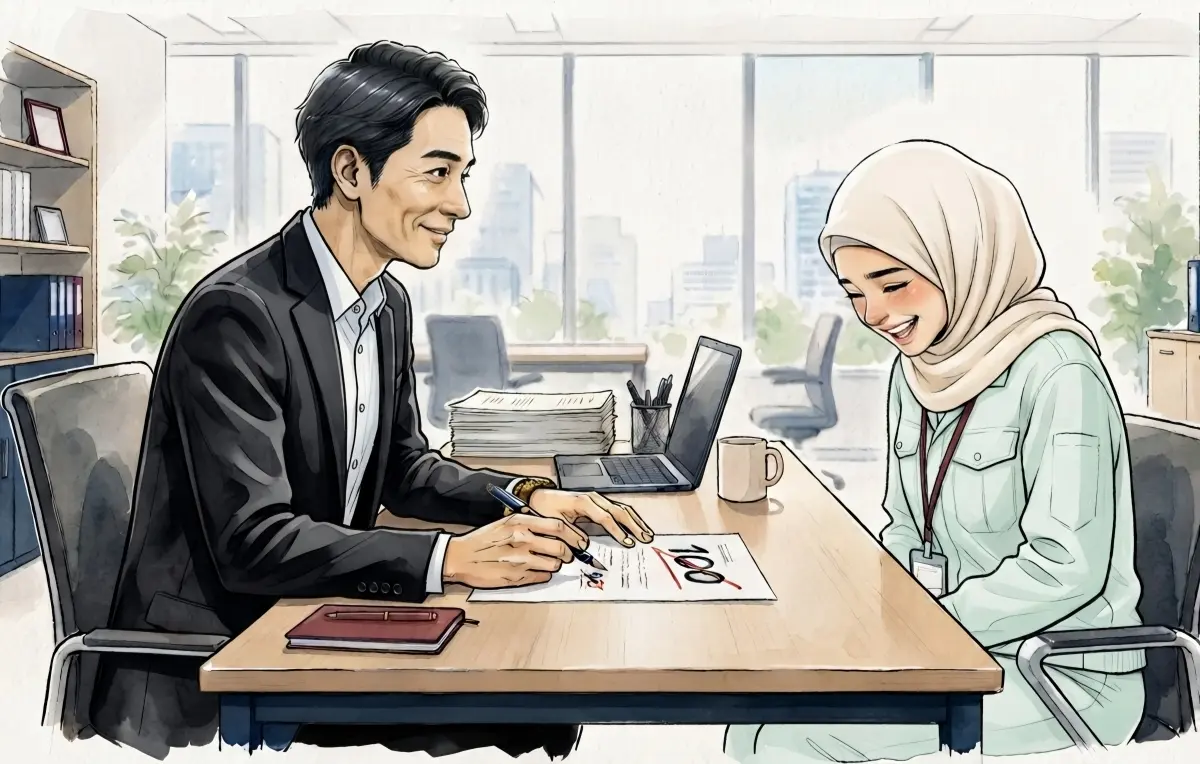 Ilustrasi Spektra Arunika tentang pemimpin yang mengoreksi nilai dari 95 menjadi 100 sebagai teladan integritas.