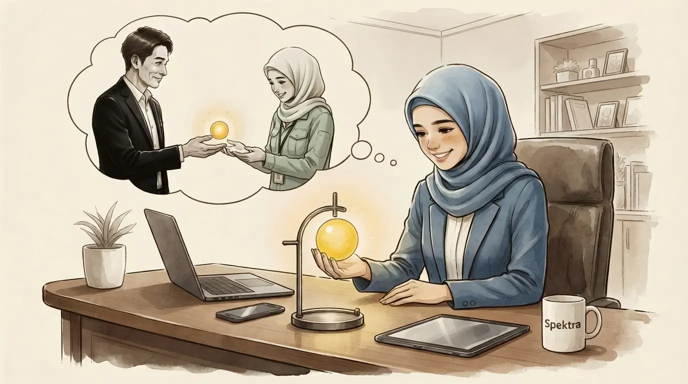 Ilustrasi Yuk Feby tentang mentor yang menitipkan sepenggal cahaya sebagai warisan kepemimpinan yang menginspirasi.