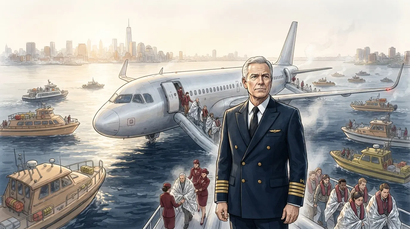 Ilustrasi kapten pesawat memimpin evakuasi dengan tenang setelah pendaratan darurat di Sungai Hudson.
