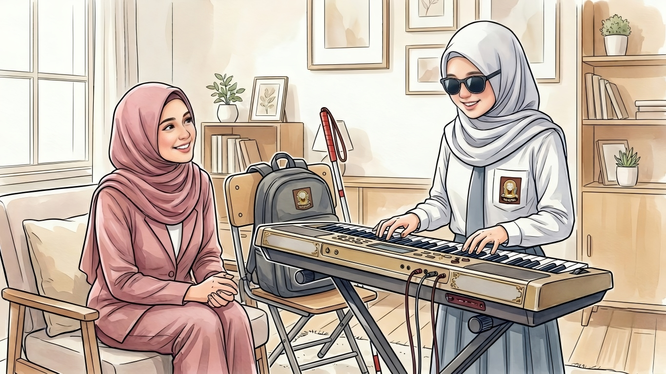 Ilustrasi siswi SMA tunanetra berprestasi bermain keyboard dengan mentor, simbol semangat proses belajar oleh Spektra Arunika.
