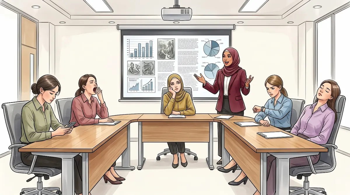 Ilustrasi kegagalan komunikasi di ruang rapat: pembicara public speaking yang antusias namun audiens bosan karena kurangnya teknik storytelling efektif.