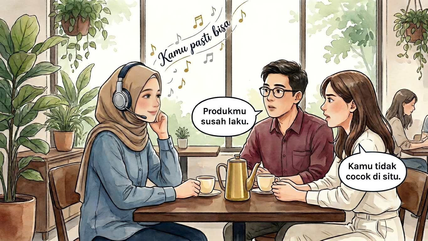 Ilustrasi wanita menggunakan headset memblokir suara sumbang, visualisasi menjaga fokus energi proton Spectra Arunika
