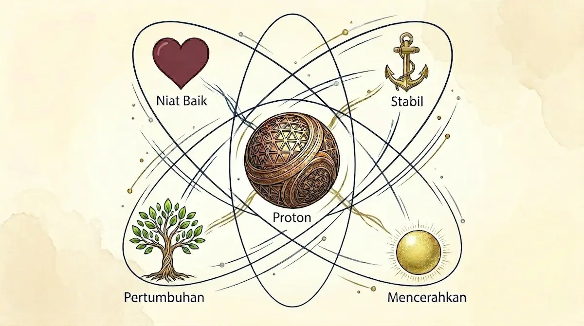 Ilustrasi Proton Spektra Arunika: simbol niat baik, stabilitas karakter, kemampuan mencerahkan, dan pertumbuhan potensi diri profesional.