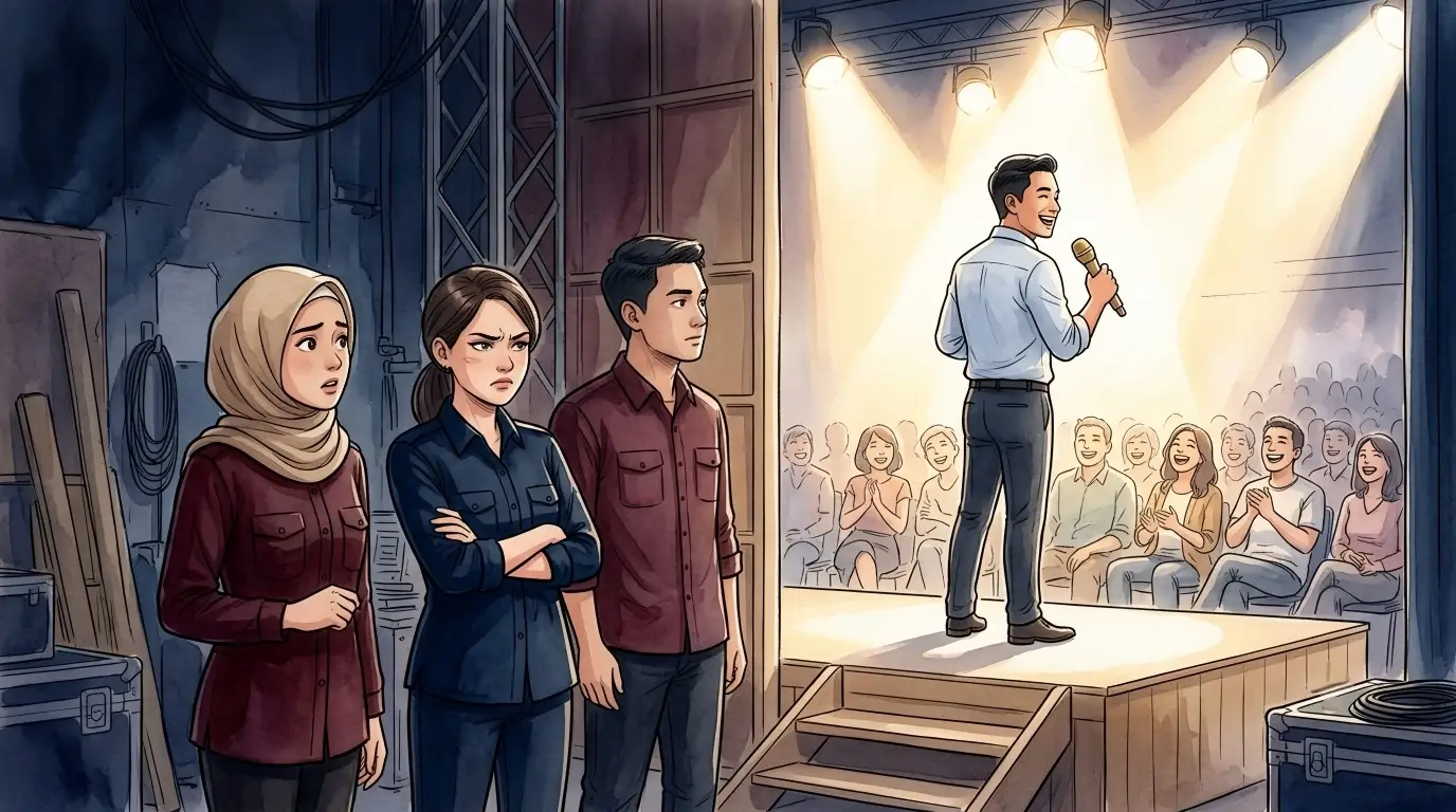 Si Karismatik tampil di panggung di balik layar panitia, ilustrasi watercolor semi-realistik khas Yuk Feby.