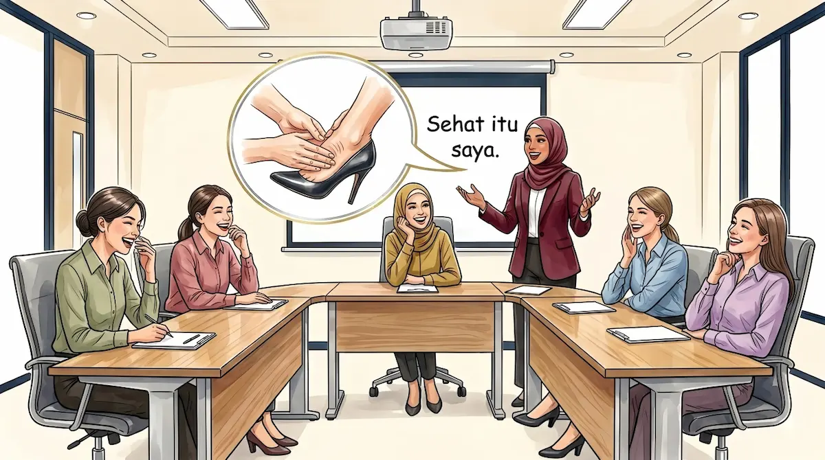 Ilustrasi komunikasi efektif: pembicara gunakan story telling tentang kaki lelah pakai high heels untuk membuat public speaking lebih relevan dan menghibur.