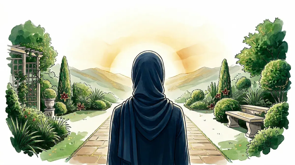 Seorang wanita berhijab memulai perjalanan karier profesionalnya di Spektra Arunika, melambangkan langkah awal menuju pengembangan diri yang inspiratif.