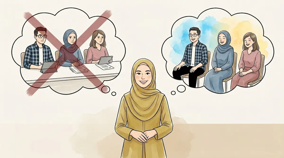 Ilustrasi Yuk Feby, Proton Speaker yang percaya diri, membandingkan pola pikir juri yang kaku dengan dukungan audiens yang tulus.