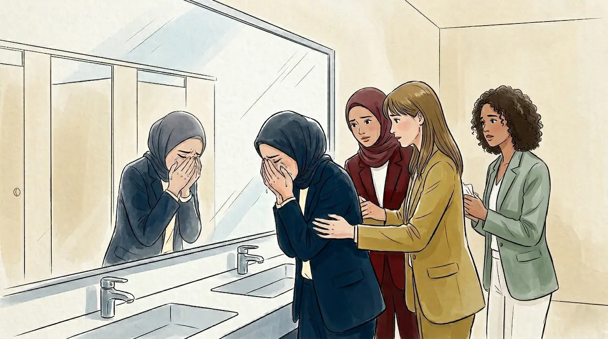 Ilustrasi momen emosional Proton Speaker Yuk Feby, menerima dukungan tulus rekan kerja di balik kegagalan berkomunikasi.