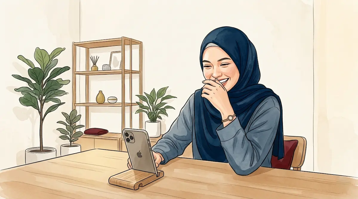 Tips latihan berbicara ala Yuk Feby: Wanita berhijab mengevaluasi rekaman latihan komunikasi secara mandiri di meja kerja rumah.