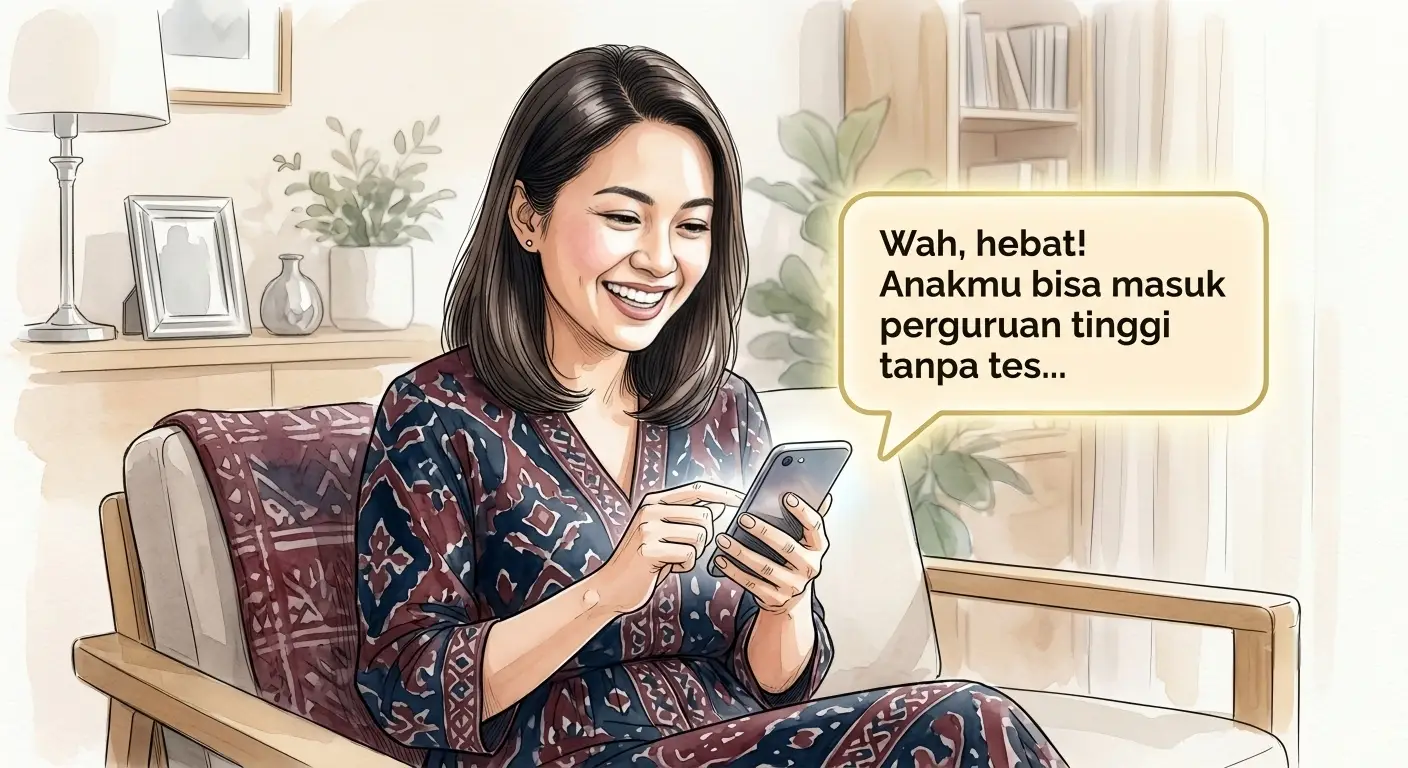 Wanita tertawa bahagia duduk santai membalas pesan WhatsApp, tanpa sadar merebut panggung maya dari Spektra Arunika.