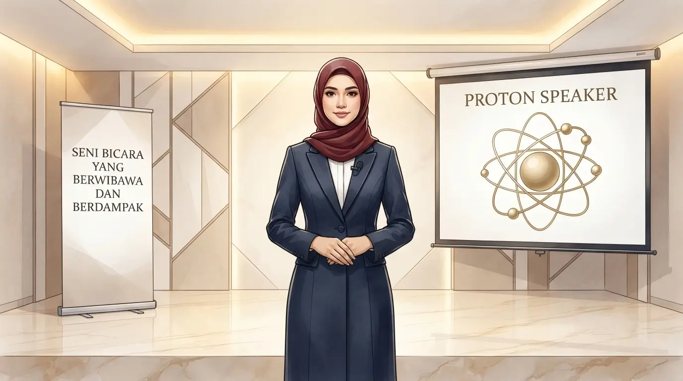 Program Proton Speaker Spektra Arunika. Ilustrasi Yuk Feby di depan layar presentasi logo atom emas dan roll-up banner.
